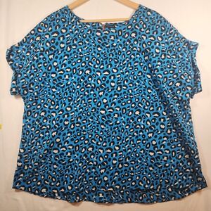 Paraphrase Blue Leopard Print Exposed Back‎ Zip Blouse Top 2X Style 5913